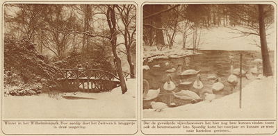 870378 Collage van 2 foto's betreffende het Wilhelminapark te Utrecht in winterse sfeer.